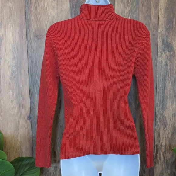 Reference Point Ribbed Orange/Coral Turtleneck Fitted Sweater M            M671 - Picture 6 of 9